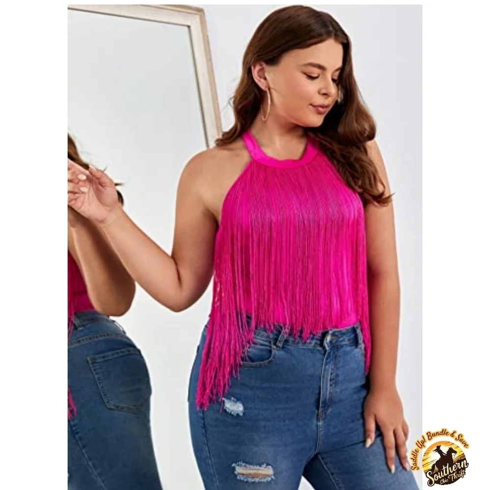 WDIRARA - Large (0XL) Vibrant Pink Fringe Halter Top Bodysuit - Picture 5 of 8
